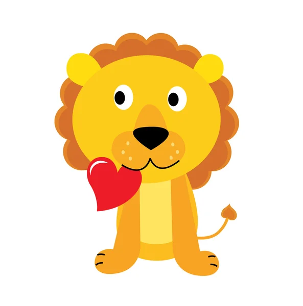 可爱的小狮子与孤立白底红色的心 — 图库矢量图片