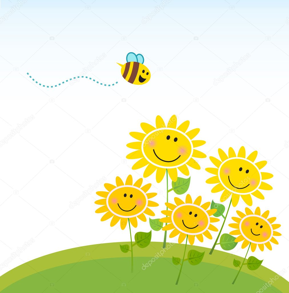Cute yellow honey bee with group of flowers