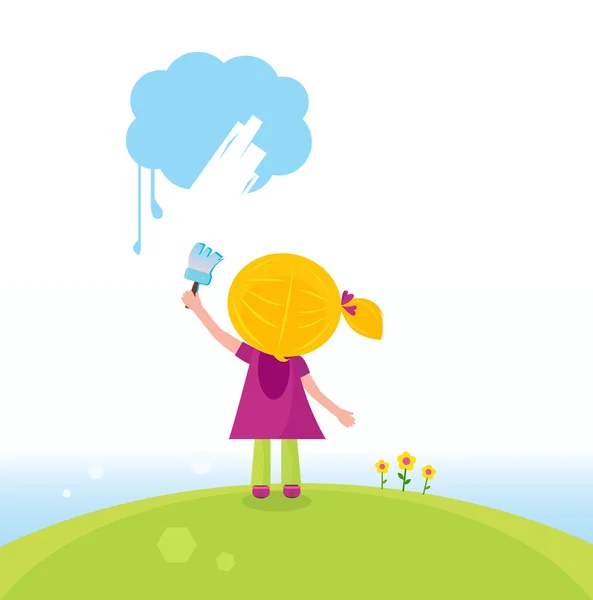 Little artist kid painting on the sky in spring nature — Stock Vector
