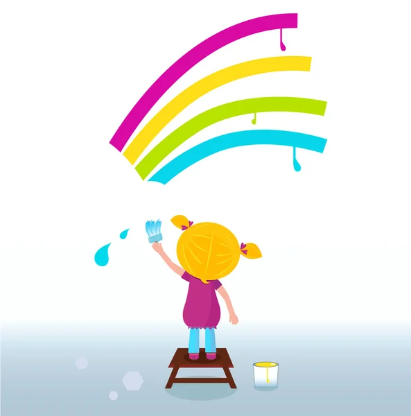 Malý umělec - roztomilé dítě rainbow malba na zdi — Stockový vektor