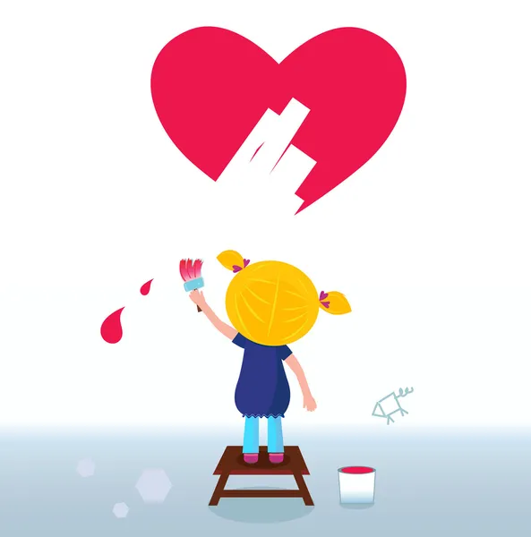 Mały artysta - cute dziewczyna malarstwo czerwonym sercem na ścianie — Wektor stockowy