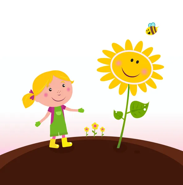 Spring Tuinieren: tuinman kind met zonnebloemen in de tuin — Stockvector