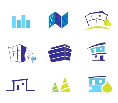 Real estate, architecture and nature icons and symbols - blue an clipart