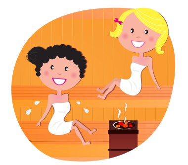 Cute women / friends relaxing in a hot sauna clipart