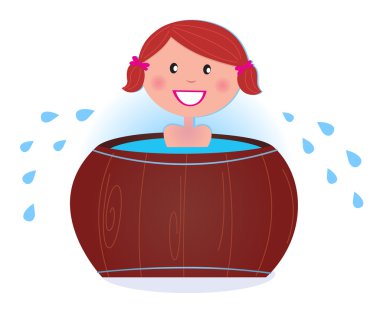 A girl soaking in cold barrel tub after sauna clipart