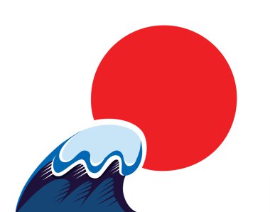 Güneş ve tsunami wawe üzerinde beyaz izole Japonya sembolü