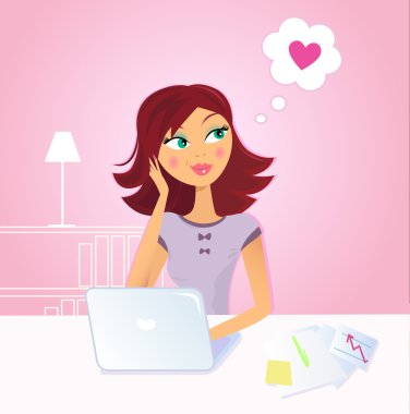 Happy woman daydreaming about love in office clipart