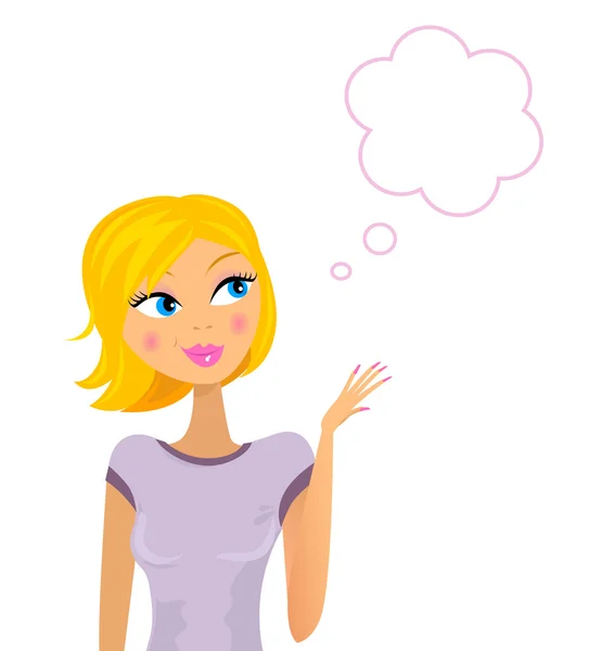 Happy blond woman thiking or showing something in blank bubble — Stockvector