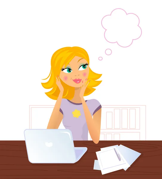 Heureuse blonde souriante Femme assise derrière ordinateur portable et rêvant — Image vectorielle