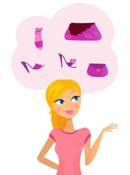 Woman with shopping bags and shoes in her thoughts — Stock Vector