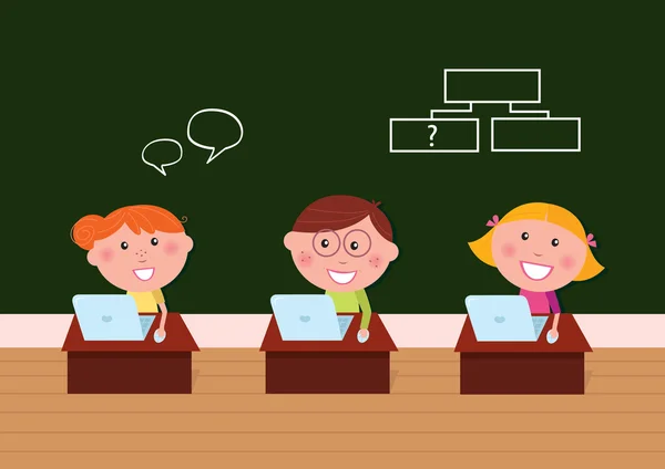 Dzieci idealna szkoła: ładny szczęśliwy dzieci w klasie za pomocą laptopa — Wektor stockowy