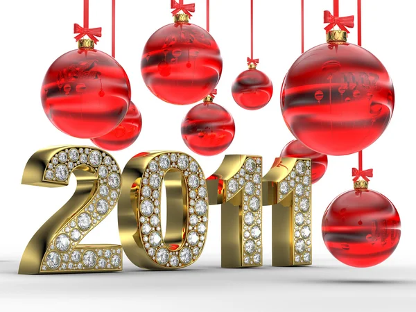 Golden 2011 with Christmas balls — Stock Photo, Image