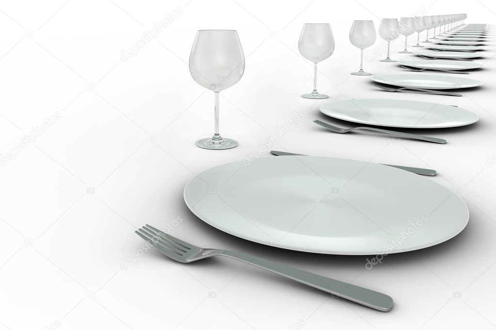 Plates and glasses settings in row