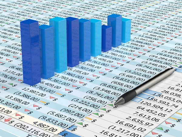 Blaue Tabellenkalkulation und Stift — Stockfoto