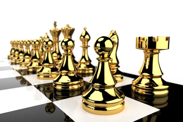 Schwarz Weißes Schachbrett Und Goldene Figuren — Stockfoto