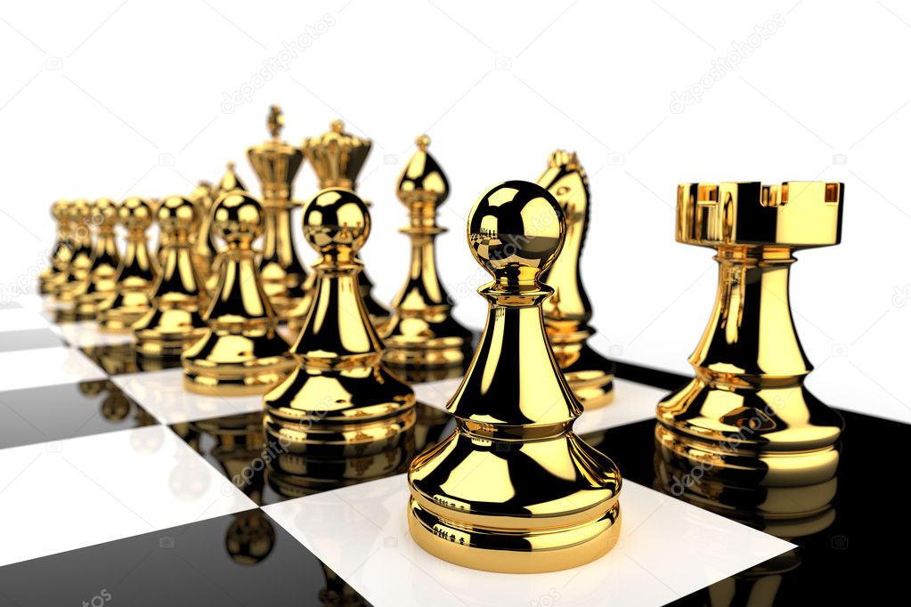 Black and white chess board and golden pieces
