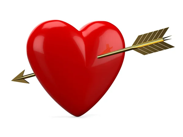 Красное сердце, пронзенное золотой стрелой — стоковое фото