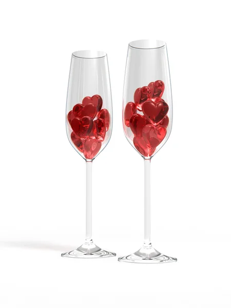 シャンパン グラス白い背景の上に赤の心 — ストック写真
