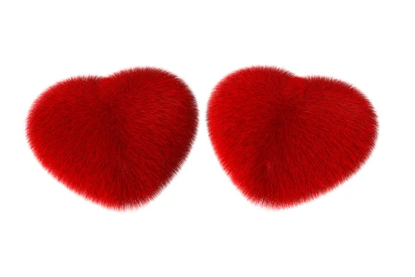 Två Fluffiga Röda Hjärtan Isolerad Vit Bakgrund — Stockfoto