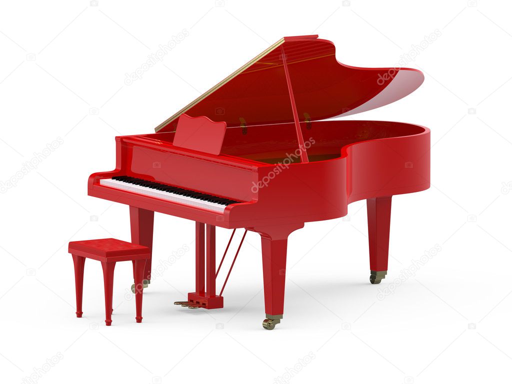 Red grand piano on white background