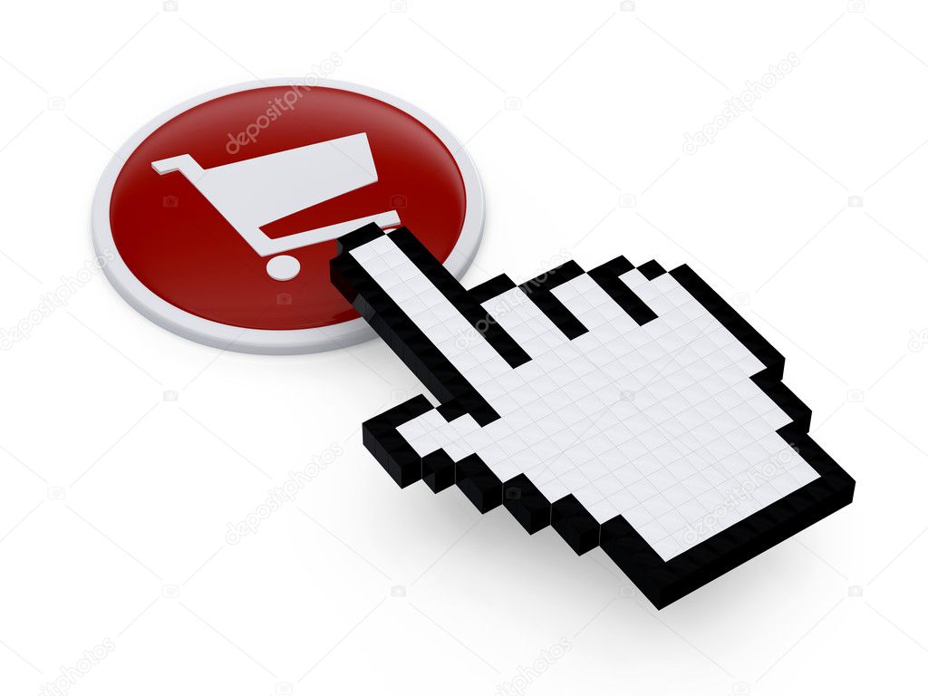 Pixelated hand mouse pointer on on shopping cart button