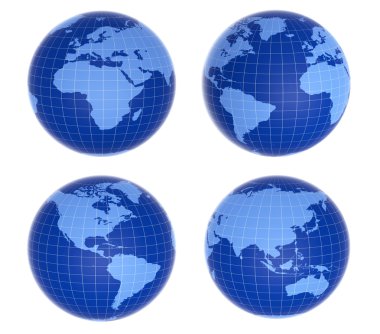 Four blue globes showing different countries clipart