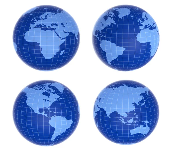 显示不同国家的四个蓝色地球仪 — 图库照片