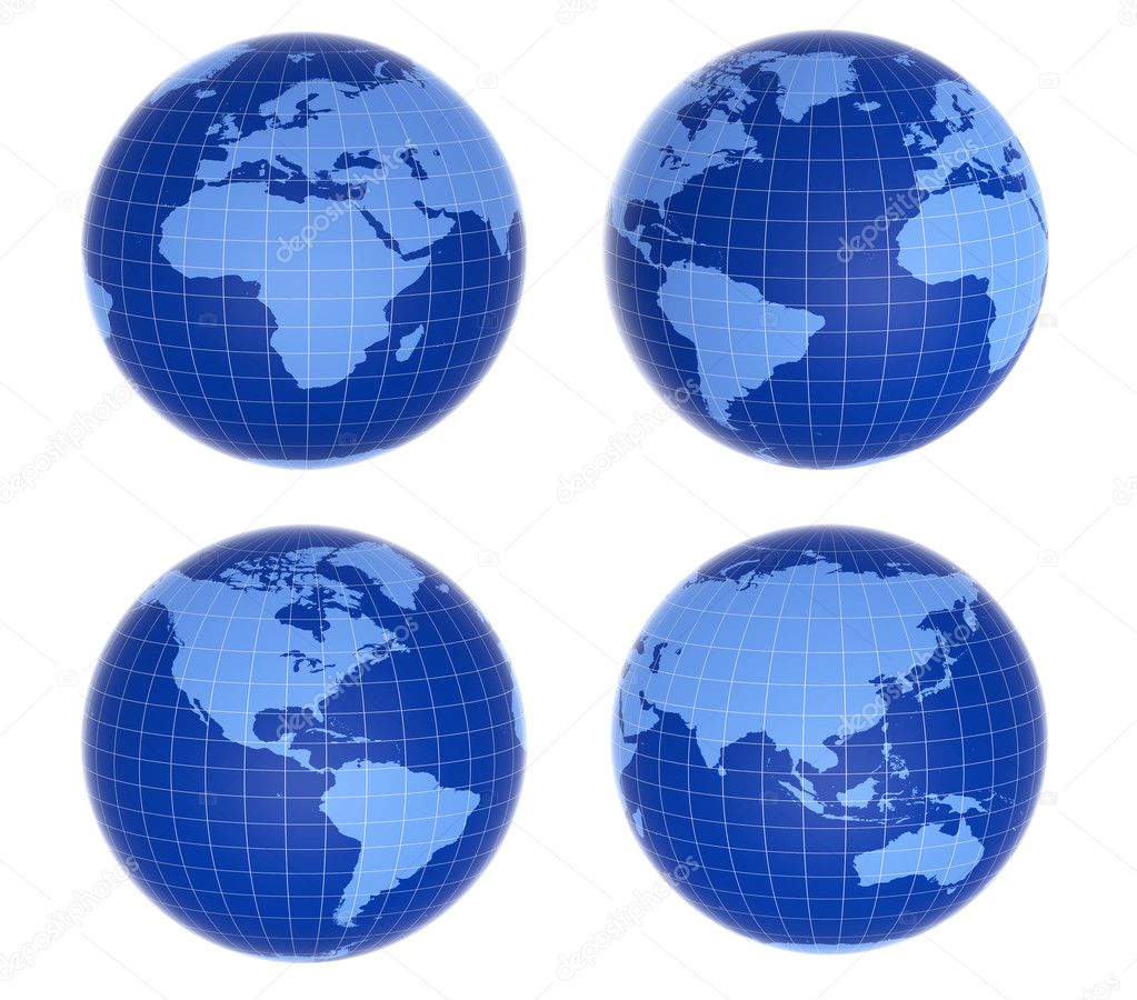 Four blue globes showing different countries