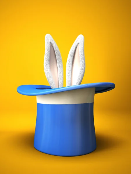 Chapéu superior azul com orelhas de coelho isoladas em fundo amarelo — Fotografia de Stock
