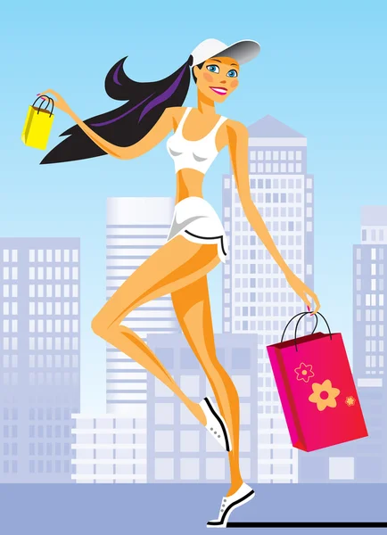Moda Alışveriş Çantası Vektör Çizim Kızlarla Alışveriş — Stok Vektör