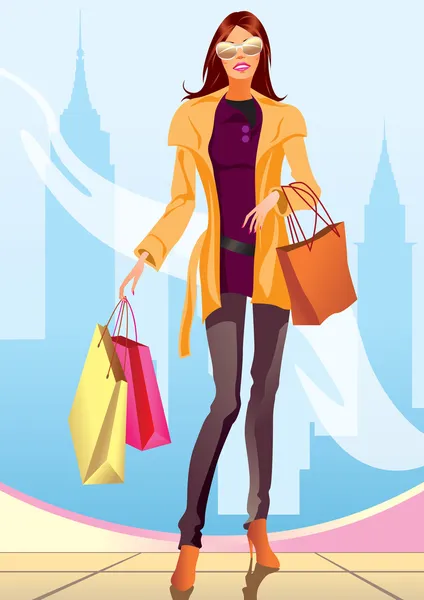 Fashion shopping girl with shopping bag in New York — Stock Vector
