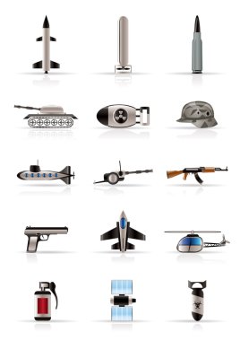 Realistic weapon, arms and war icons clipart