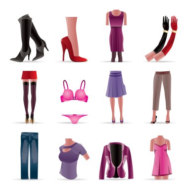 Woman and female clothes icons clipart