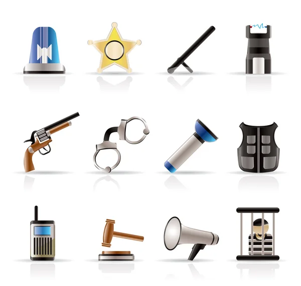 Закон, порядок, поліція та ікони злочину — стоковий вектор