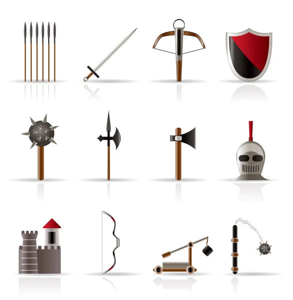 Armas e objetos medievais ícones — Vetor de Stock