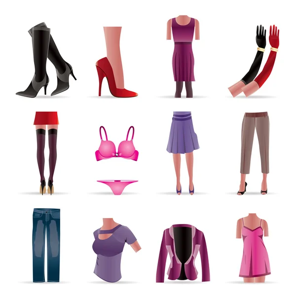 Γυναίκα και θηλυκά ρούχα εικονίδια — Διανυσματικό Αρχείο