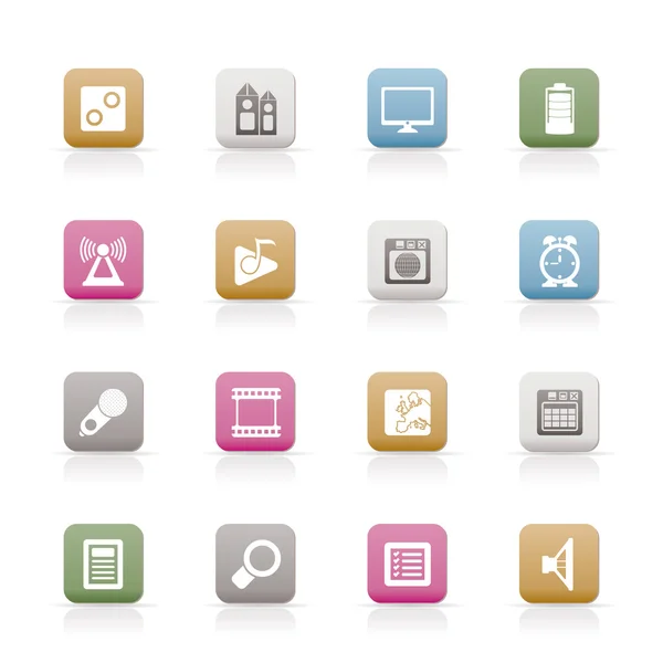 Mobile phone performance, internet and office icons — Stock Vector
