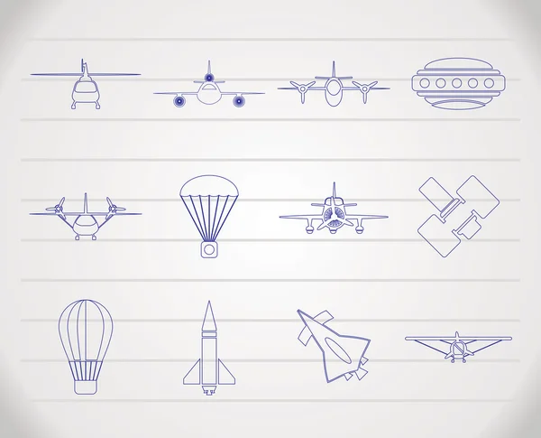 Diferentes tipos de ilustraciones e iconos de aviones — Vector de stock