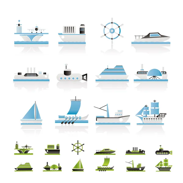 Diferentes tipos de ícones de barco e navio —  Vetores de Stock