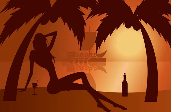 Belle silhouette de femme sur une plage — Image vectorielle