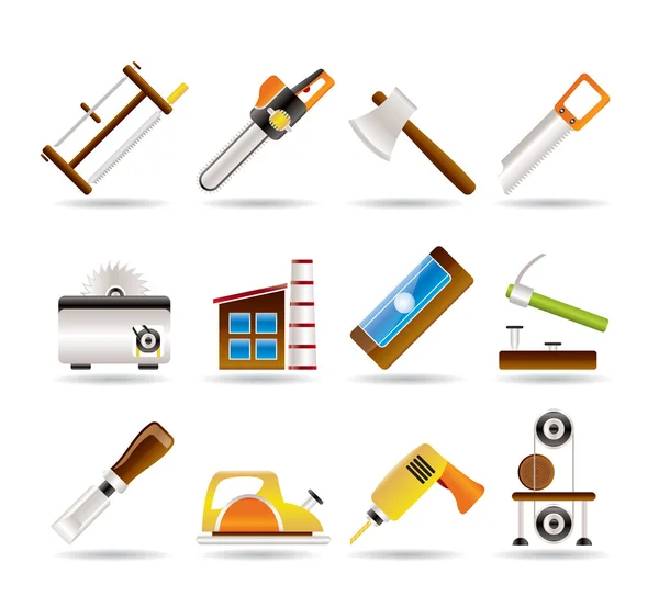 Woodworking industry and Woodworking tools icons — Stock Vector