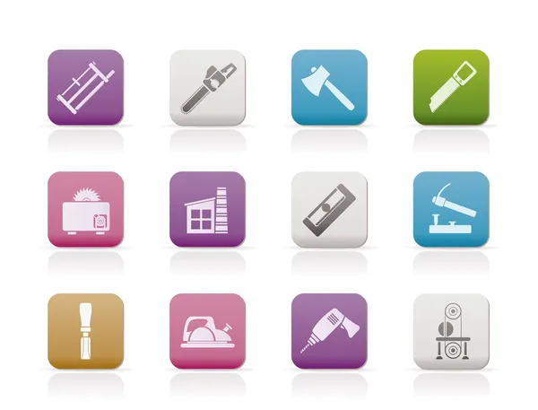 Woodworking industry and Woodworking tools icons — Stok Vektör