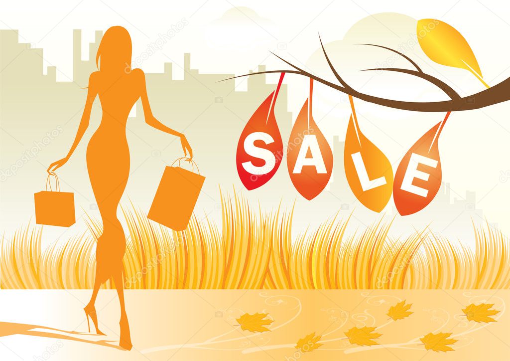 Autumn background with shopping woman with shopping bags