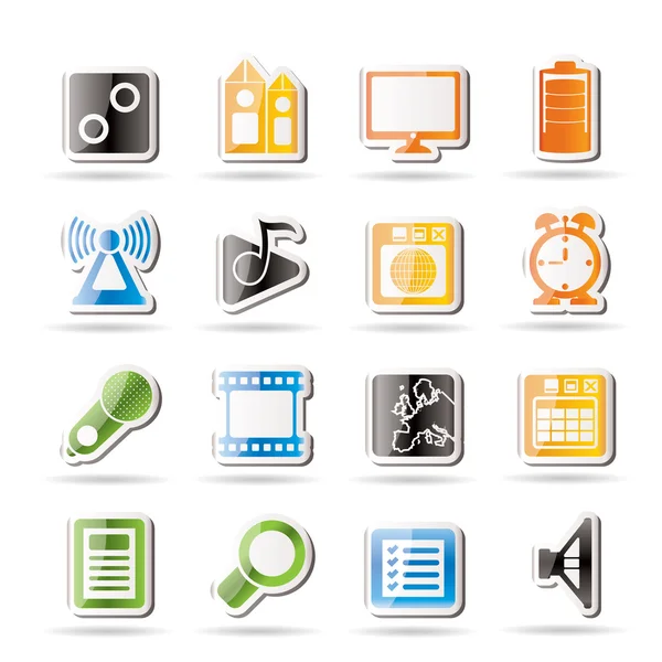 Mobile phone performance, internet and office icons — Stock Vector