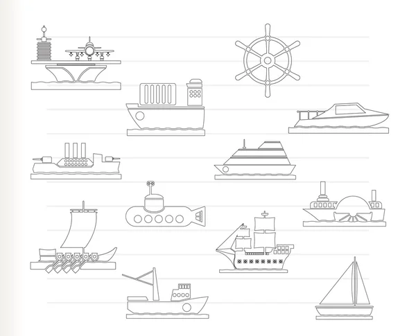 Různé typy ikon lodí a lodí — 图库矢量图片