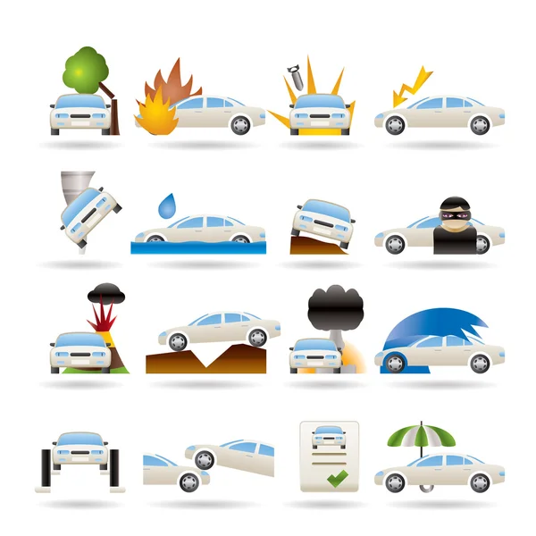 Iconos de seguro y riesgo de automóvil y transporte — Archivo Imágenes Vectoriales