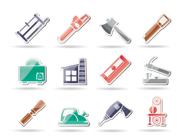 Woodworking industry and Woodworking tools icons — Stok Vektör