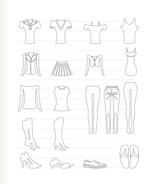 Γυναίκα και θηλυκά ρούχα εικονίδια — Διανυσματικό Αρχείο