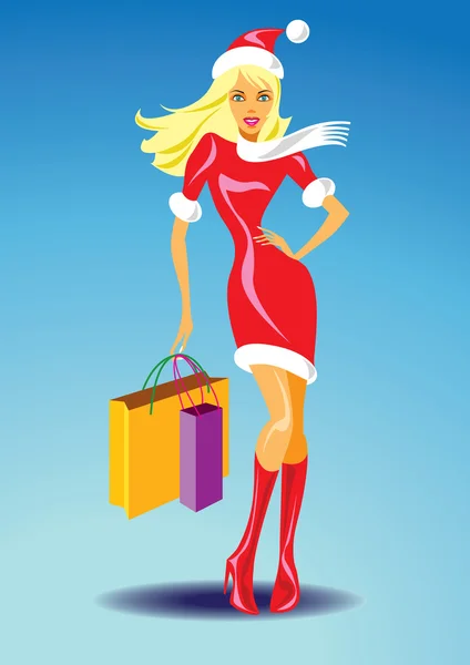 Weihnachtsmädchen mit Einkaufstaschen — Stockvektor