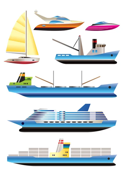 Různé typy ikon lodí a lodí — 图库矢量图片